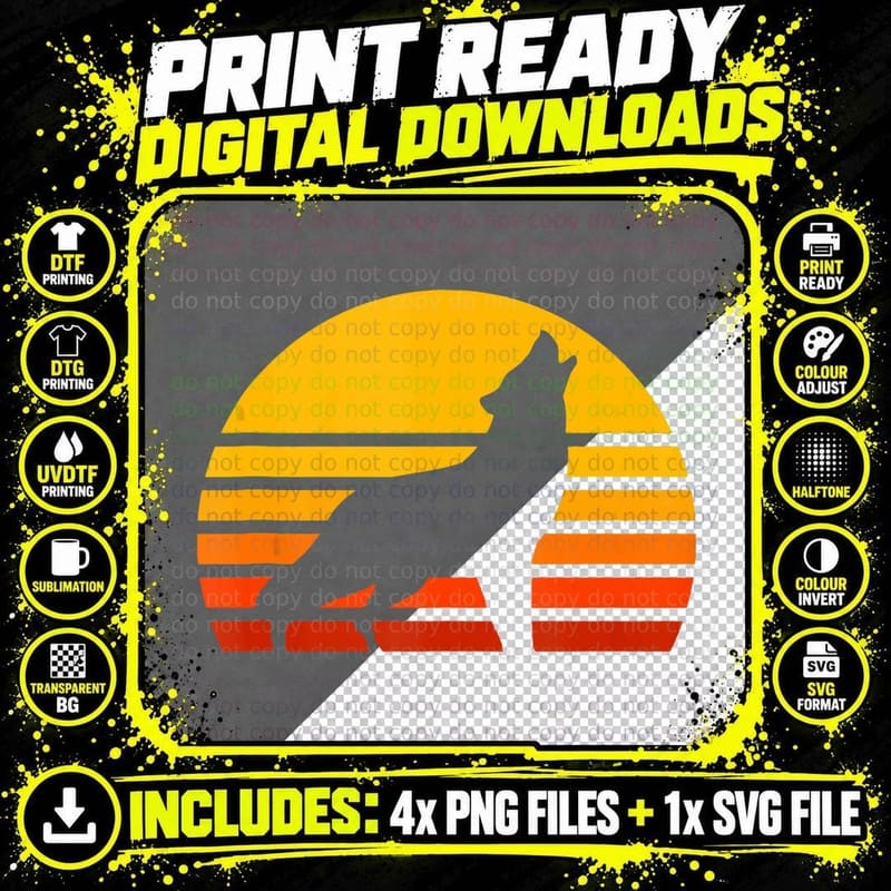 Vintage Wolf Sunset Retro Wolf, Yoga Fitness Dog Cat Png SVG Digital Bundle