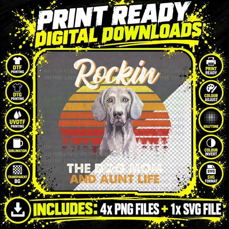 Weimaraner T-Shirt, Retro Sunset Design, Dog Mom Apparel Png SVG Digital Bundle