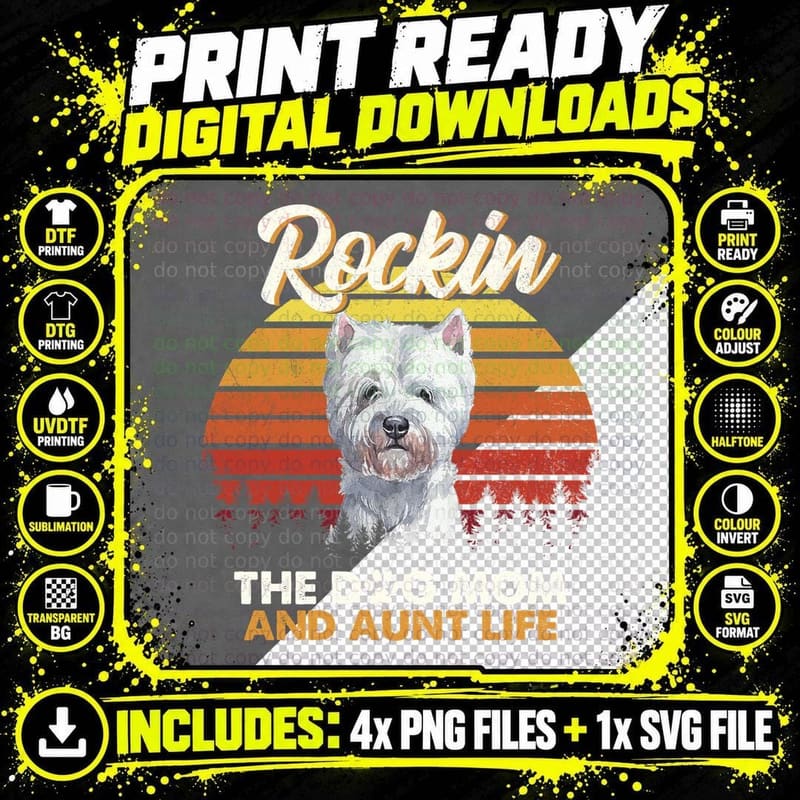 Westie T-Shirt, Retro Sunset Style, Dog Mom Apparel Png SVG Digital Bundle