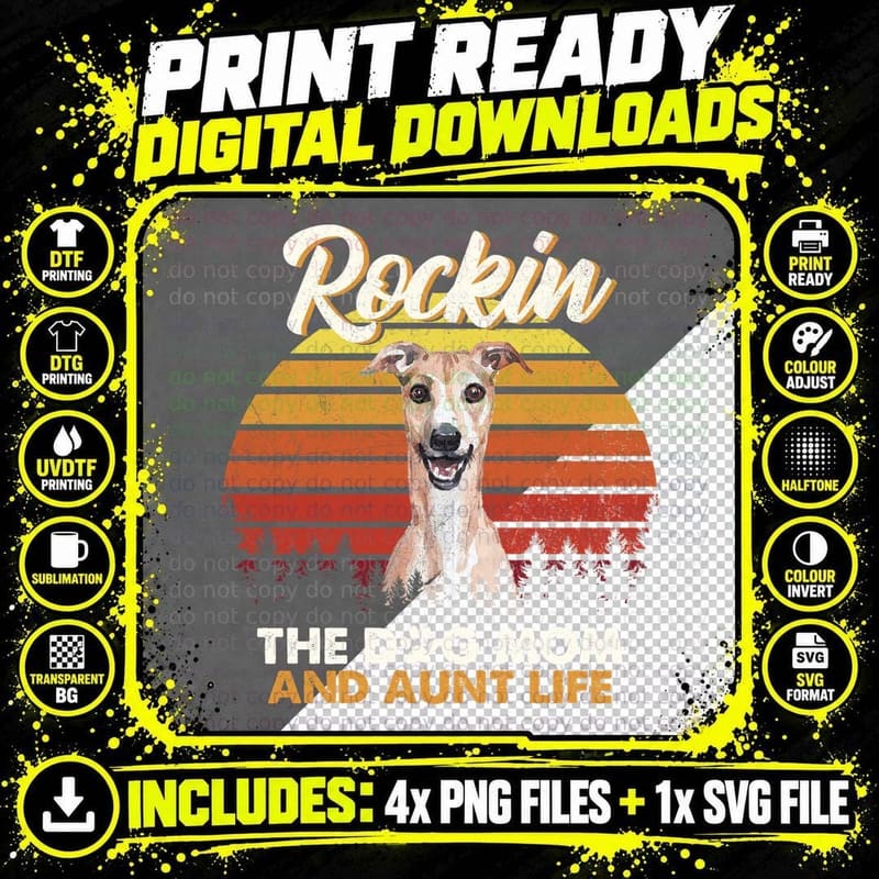Whippet Dog Mom T-Shirt, Retro Sunset Style Png SVG Digital Bundle