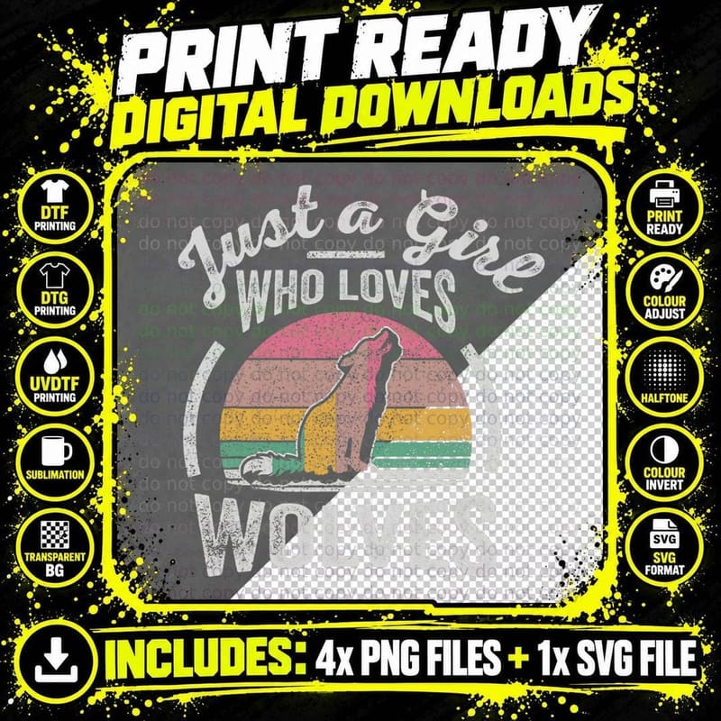 Wolf Girl Vintage Retro Just a Girl Who Loves Wolves Png SVG Digital Bundle