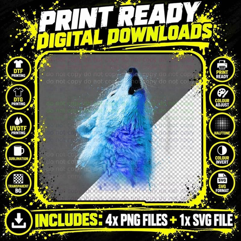 Wolf Howling T-Shirt, Blue Watercolor Art Png SVG Digital Bundle