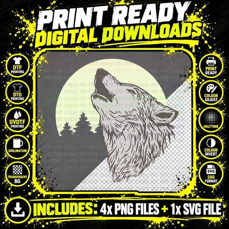 Wolf Howling at Moon Vintage Look T-Shirt Png SVG Digital Bundle