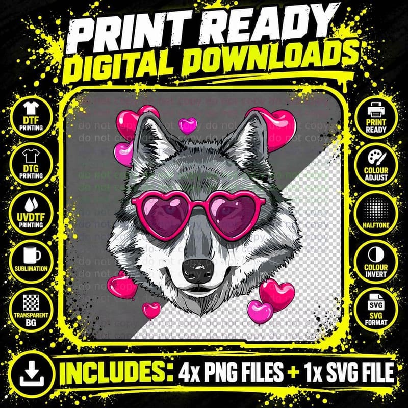 Wolf Valentines Shirt Wolf Heart Animal Face Wolf Lover Png SVG Digital Bundle