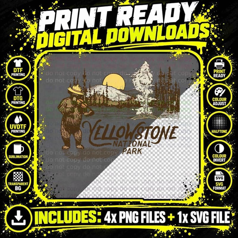 Yellowstone National Park Vintage Bear & Fiddle Old Png SVG Digital Bundle