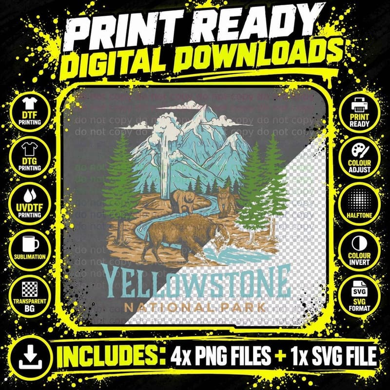 Yellowstone US National Park Wolf Bison Bear Vintage Png SVG Digital Bundle