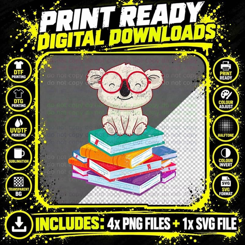 Koala Bear Librarian Reading Books Koala Png SVG Digital Bundle