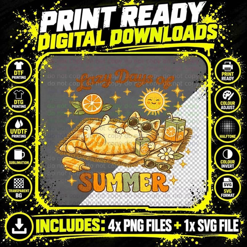 Lazy Days of Summer T-Shirt, Relaxing Cat Beach Lounge Png SVG Digital Bundle