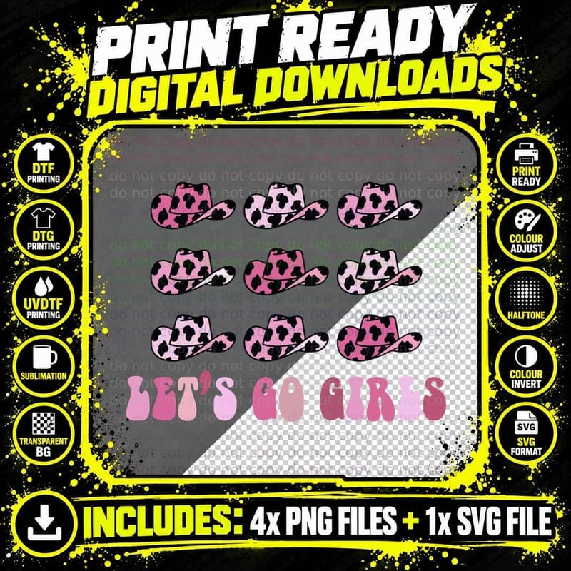Let's Go Girls Wedding T-Shirt, Pink Cow Print Cowboy Png SVG Digital Bundle