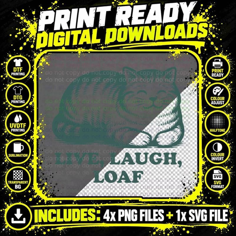 Live Laugh Loaf Funny Cat T-Shirt, Cat Lounging with Png SVG Digital Bundle