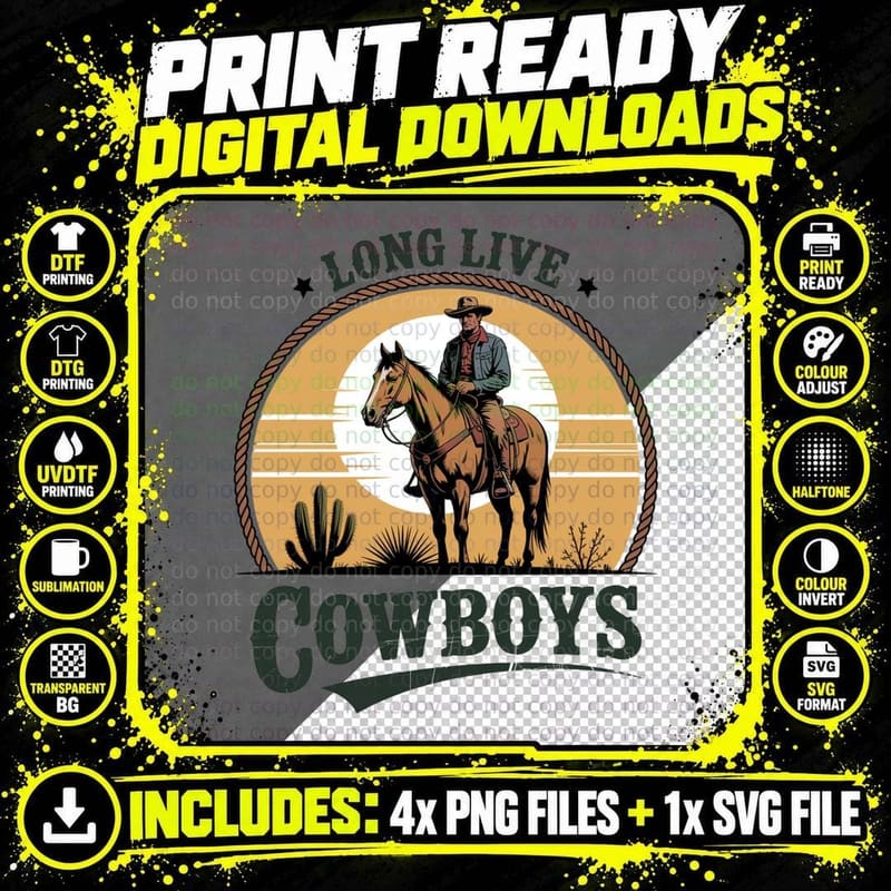 Long Live Cowboys Western T-Shirt, Cowboy Riding Horse Png SVG Digital Bundle