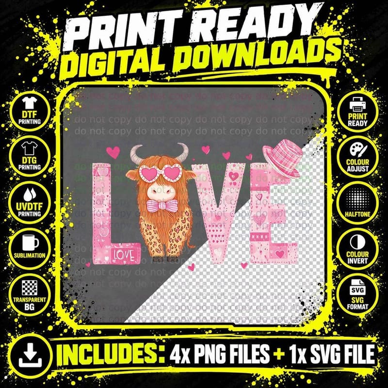 Love Highland Cow T-Shirt, Highland Cow in Pink Hearts Png SVG Digital Bundle