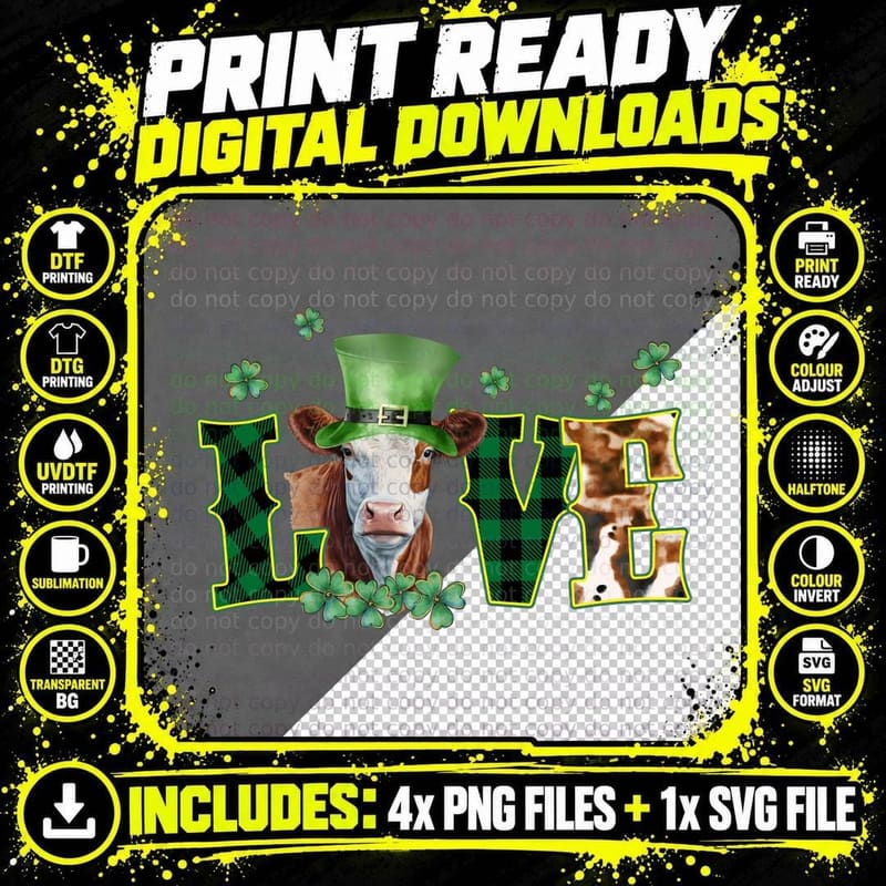 Love St Patricks Day T-Shirt, Cow Wearing Green Hat with Png SVG Digital Bundle