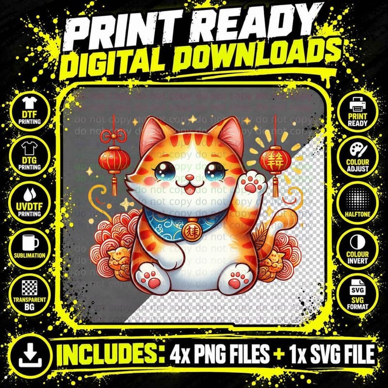 Lucky Cat Waving with Lanterns Lunar New Year T-Shirt Png SVG Digital Bundle