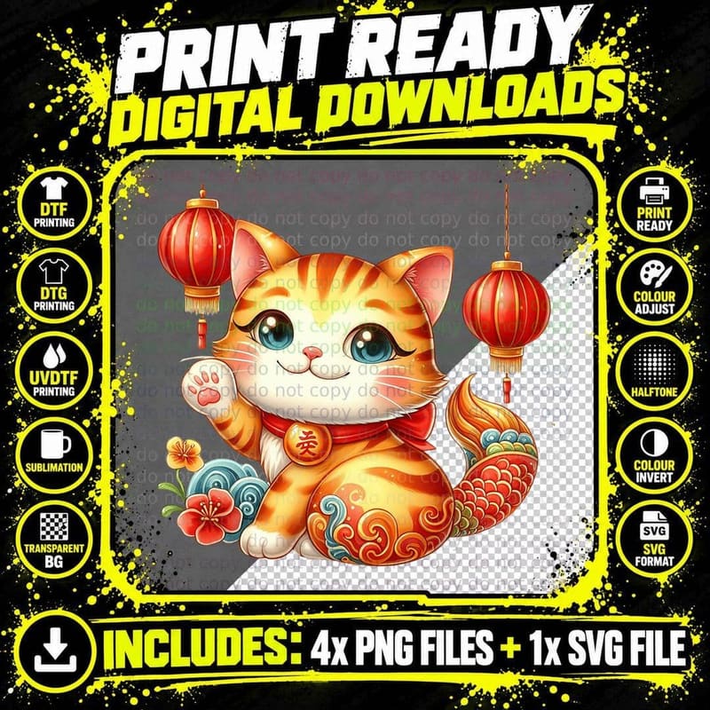 Lucky Cat with Lanterns and Flowers Lunar New Year Png SVG Digital Bundle