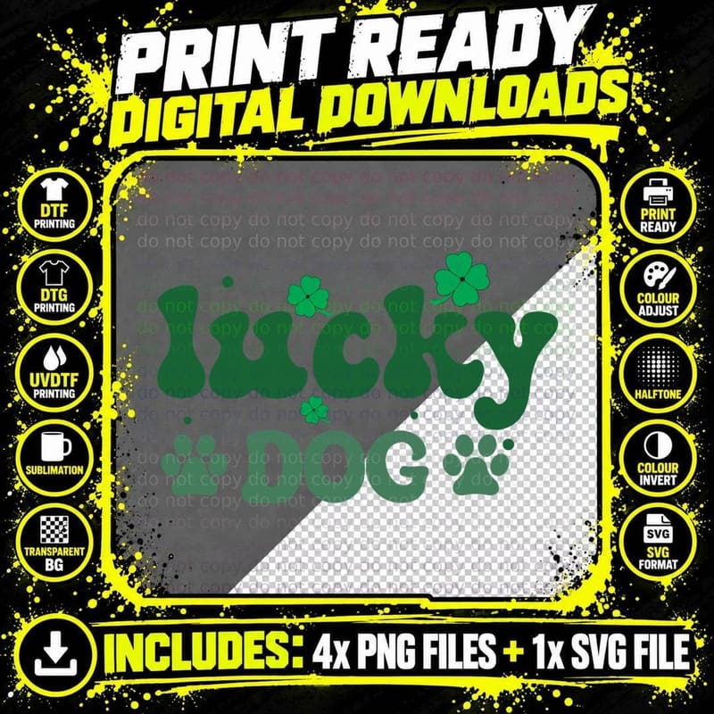 Lucky Dog St Patricks Day T-Shirt, Green Shamrocks and Png SVG Digital Bundle
