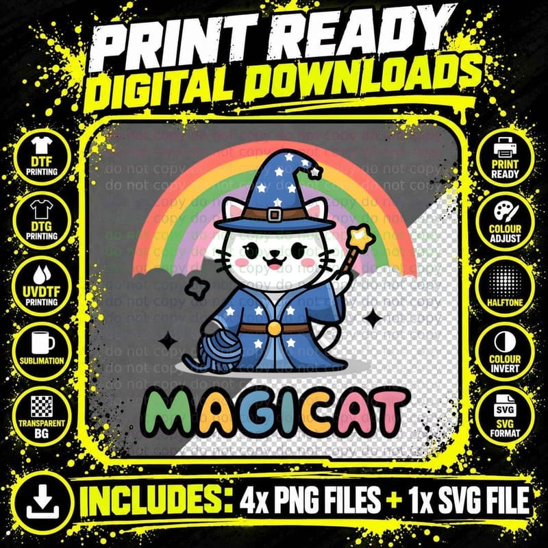 Magicat Funny Cat T-Shirt, Cat Wizard Holding Yarn with Png SVG Digital Bundle