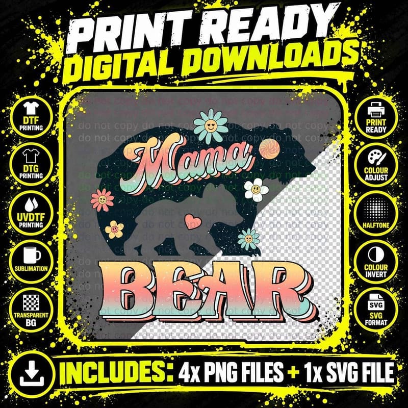 Mama Bear Mom T-Shirt, Mama Bear Silhouette with Flowers Png SVG Digital Bundle