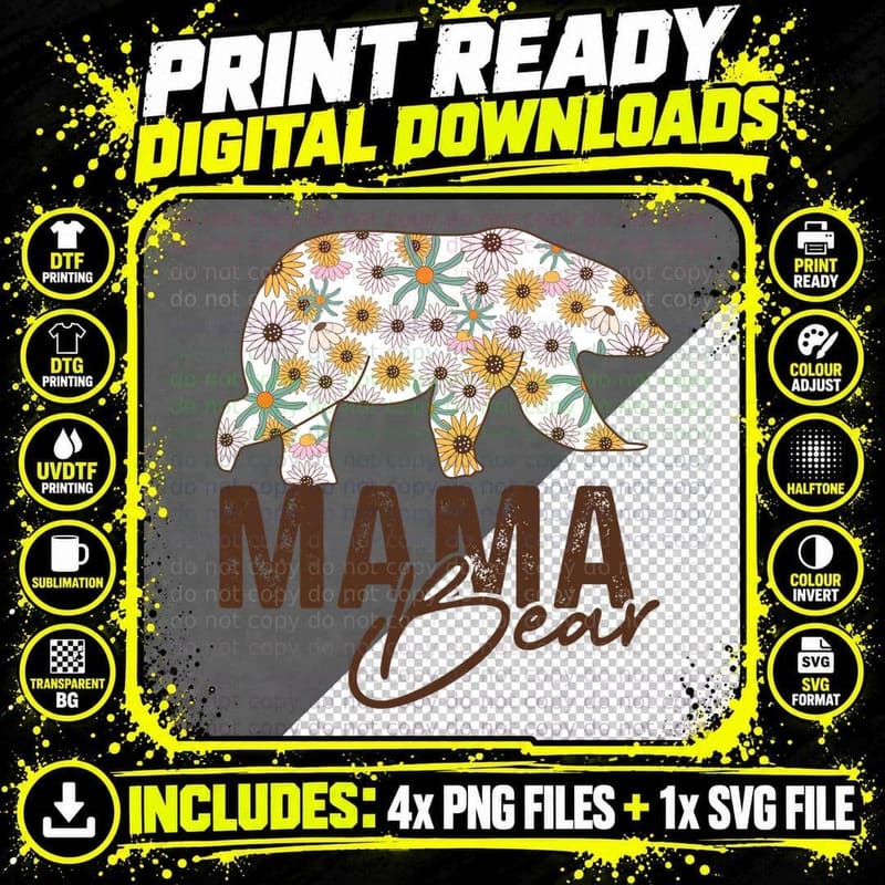 Mama Bear Mothers Day T-Shirt, Floral Bear Silhouette Png SVG Digital Bundle