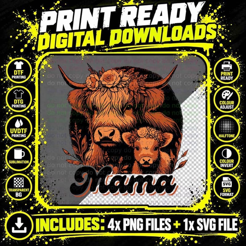 Mama Highland Cow T-Shirt, Highland Cow Mother and Calf Png SVG Digital Bundle
