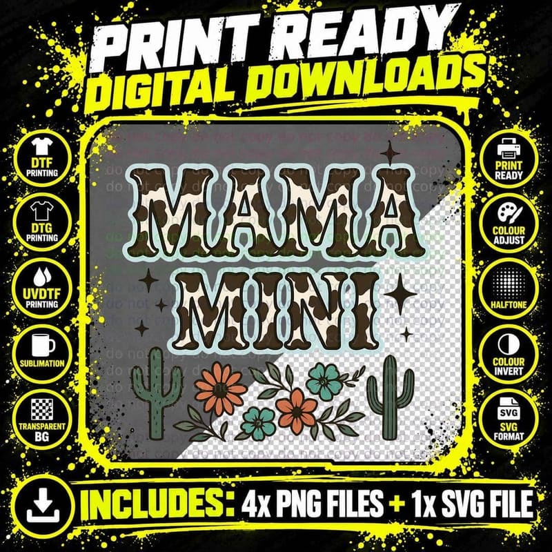 Mama Mini Western T-Shirt, Cow Print Cacti Floral Desert Png SVG Digital Bundle