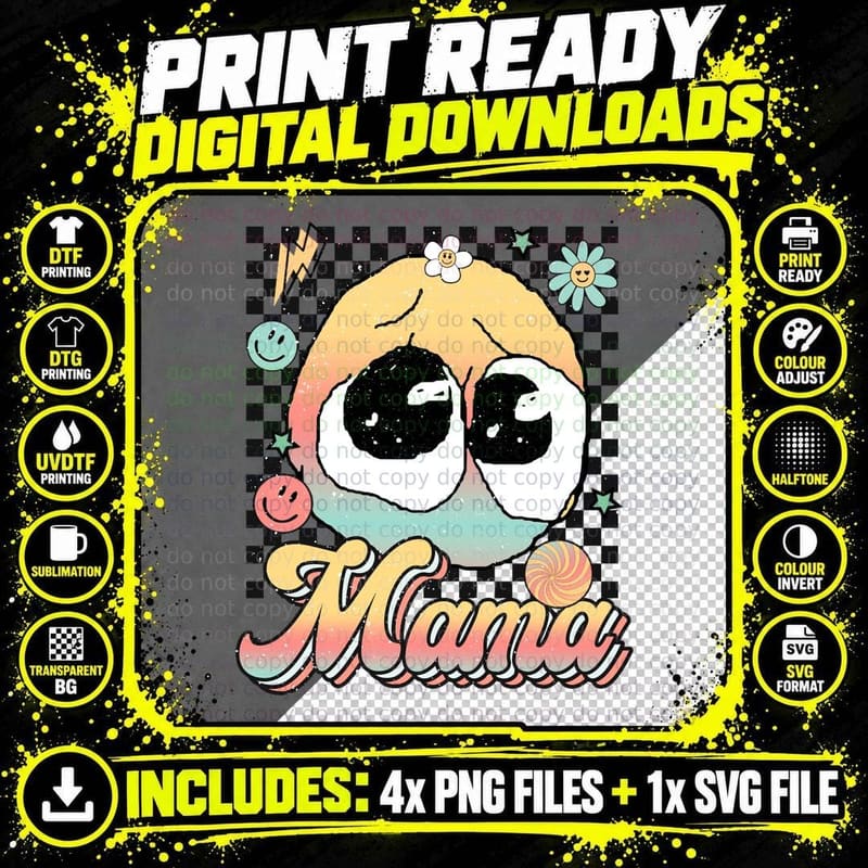 Mama Mom T-Shirt, Cartoon Panda Face with Flowers Png SVG Digital Bundle