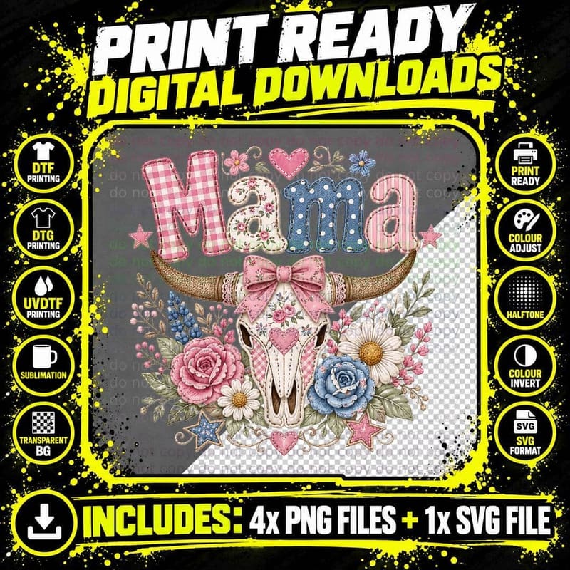 Mama Western T-Shirt, Floral Cow Skull with Mama Text Png SVG Digital Bundle