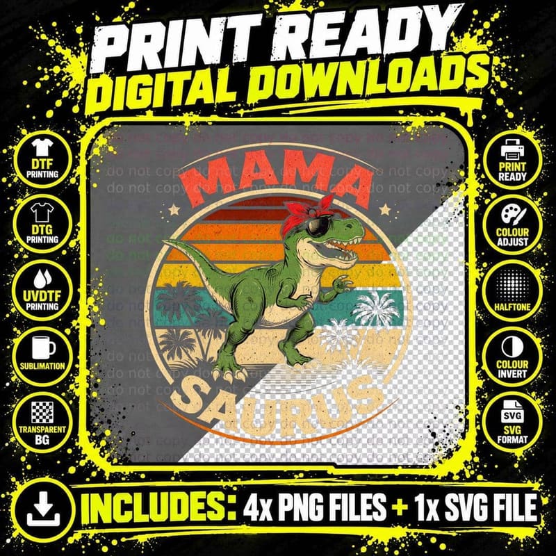 Mamasaurus Funny Mama T-Shirt, Dinosaur Mom with Png SVG Digital Bundle