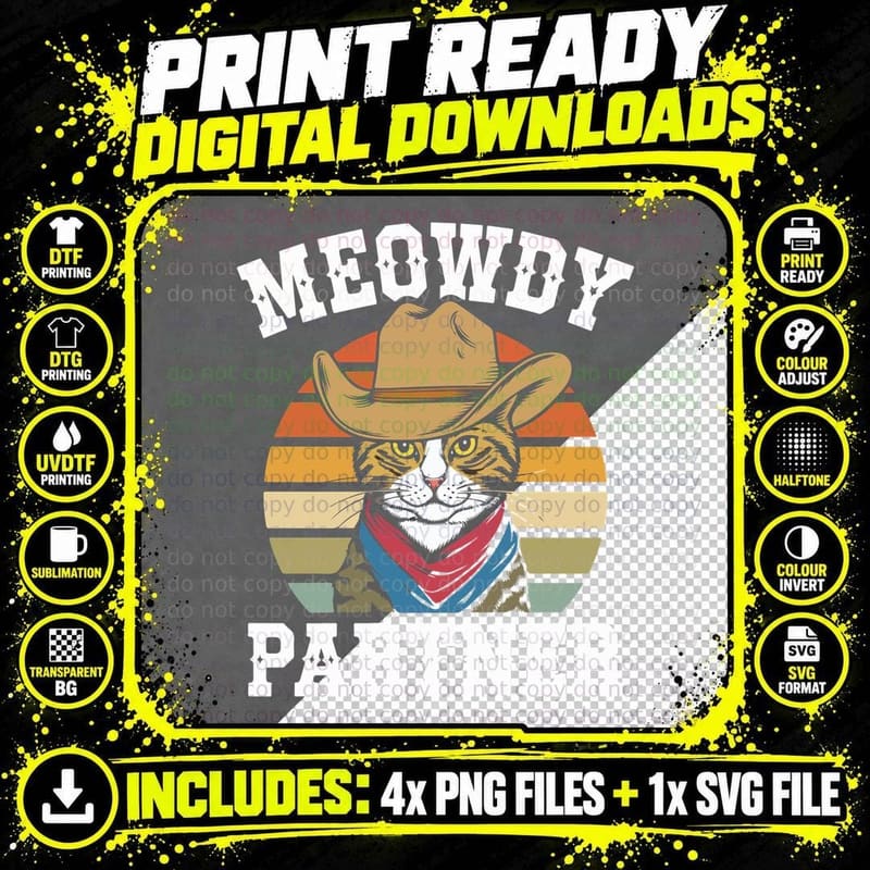 Meowdy Partner Funny Cat T-Shirt, Cat Wearing Cowboy Hat Png SVG Digital Bundle