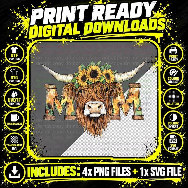 Mm Mom T-Shirt, Highland Cow Floral Crown Graphic Tee Png SVG Digital Bundle