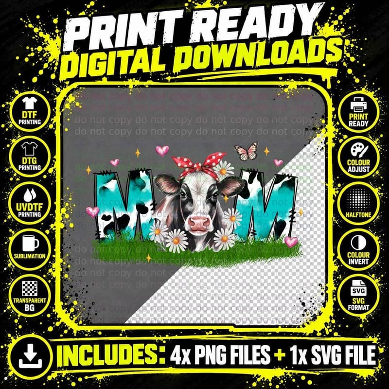 Mom T-Shirt, Cow Wearing Red Bow in Grassy Field Graphic Png SVG Digital Bundle