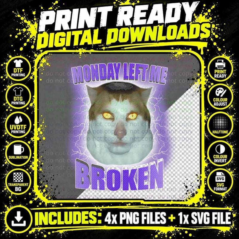 Monday Left Me Broken Cat Meme T-Shirt, Funny Sarcasm Png SVG Digital Bundle