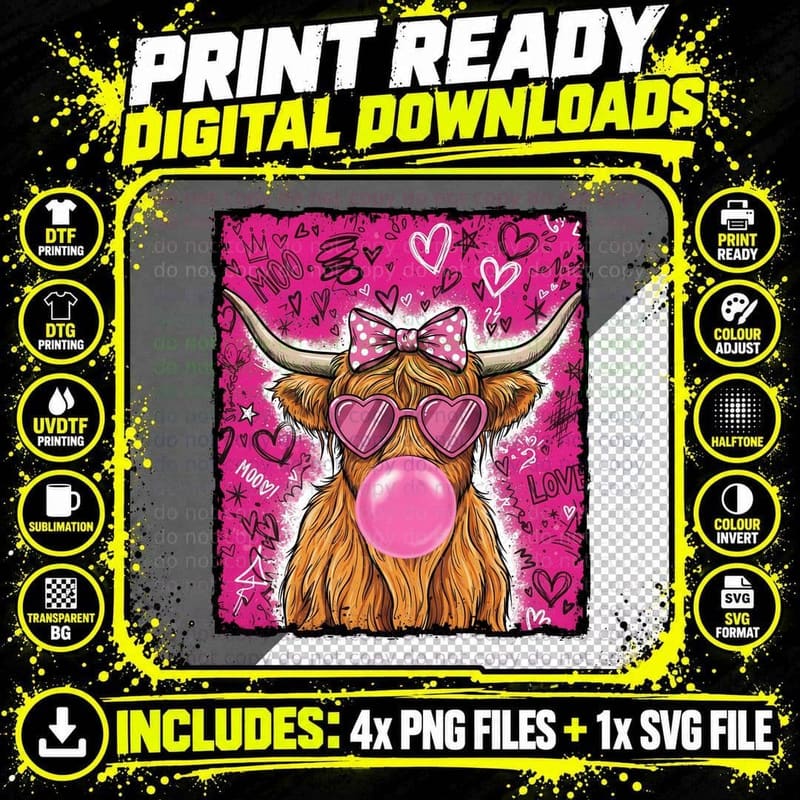 Moo Highland Cow T-Shirt, Highland Cow Blowing Bubblegum Png SVG Digital Bundle