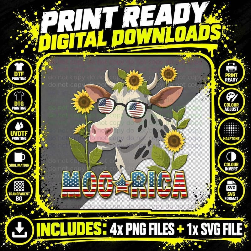 Moo-Arica Highland Cow T-Shirt, Patriotic Cow with Png SVG Digital Bundle