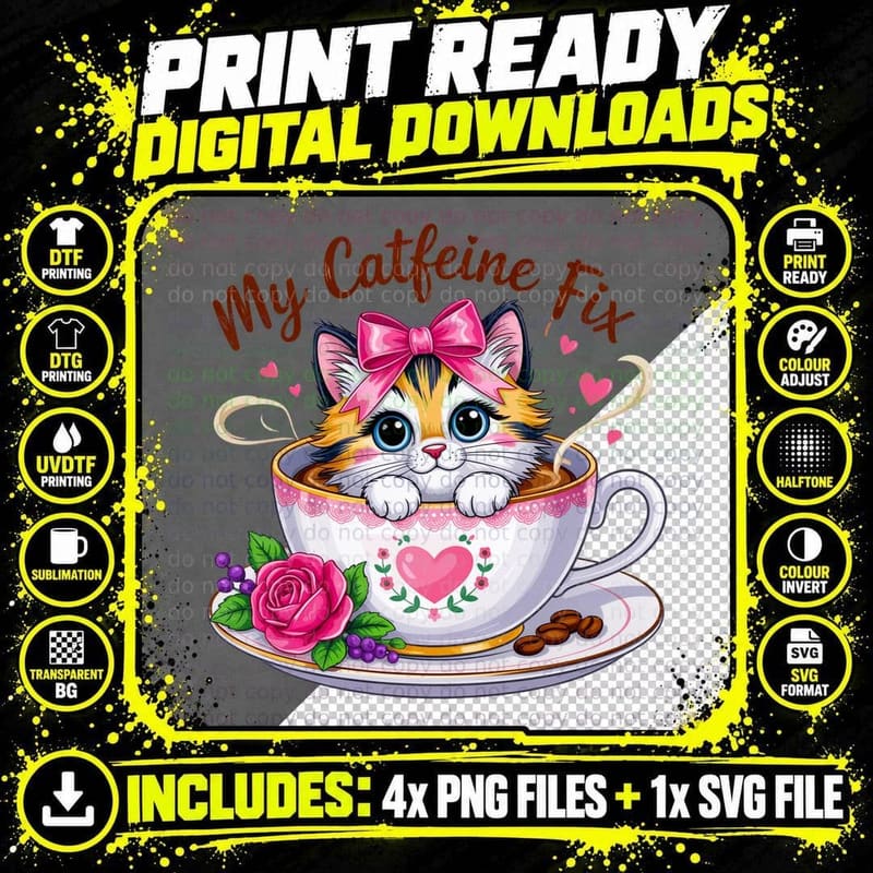 My Catfeine Fix Funny Cat T-Shirt, Kitten in Teacup with Png SVG Digital Bundle