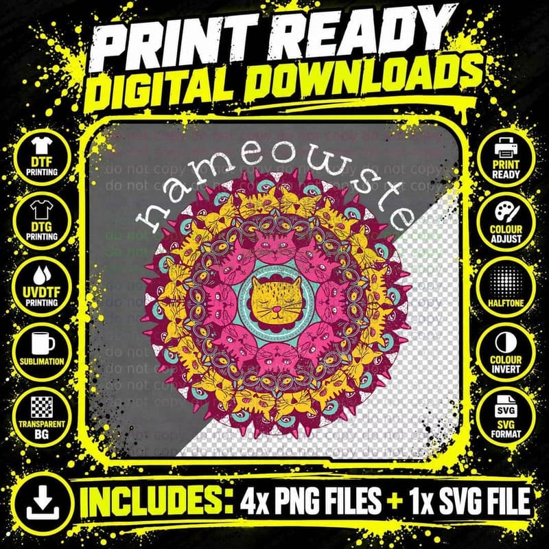 Nameowste Cat Mandala Funny Yoga Spiritual Meditation Png SVG Digital Bundle
