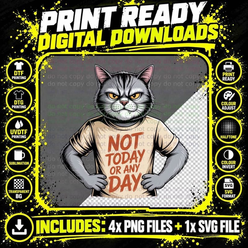 Not Today or Any Day Funny Cat T-Shirt Png SVG Digital Bundle