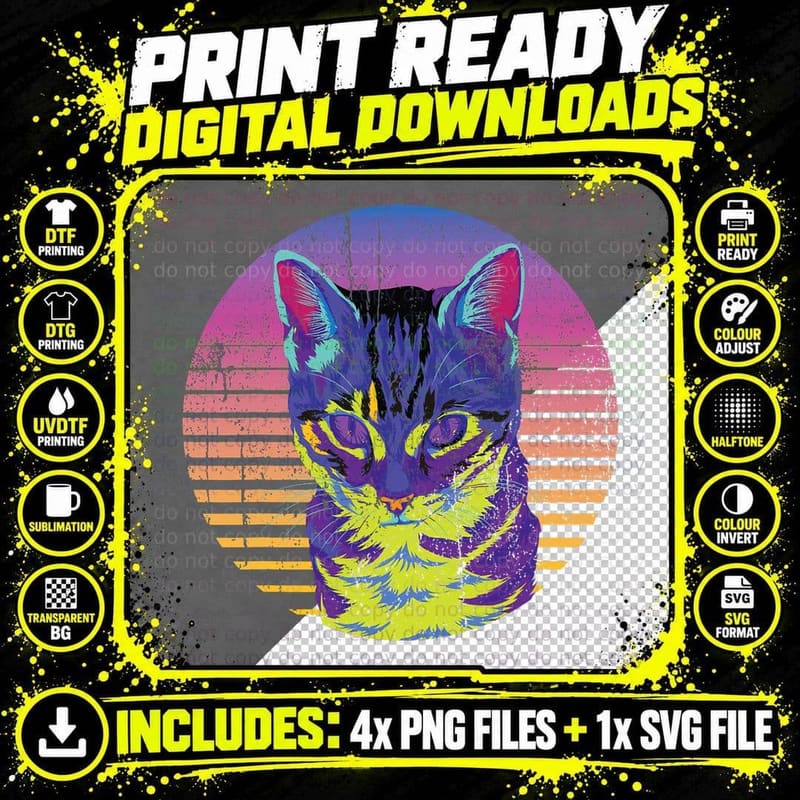 80s Retro Art Cat Person Cute Pet Animal Lover Vaporwave Png SVG Digital Bundle