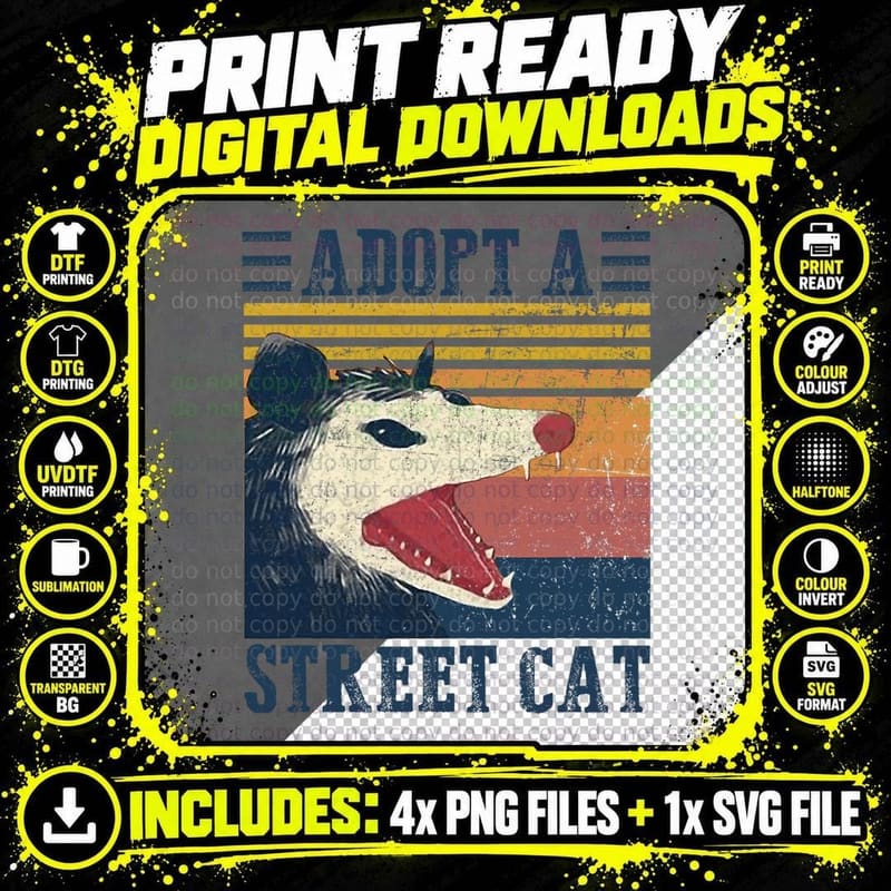 Adopt a Street Cat Opossum Vintage T-Shirt Png SVG Digital Bundle