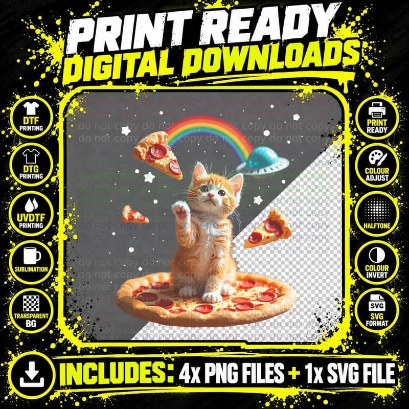 Alien Cat Gifts, Pizza Rainbow, Cat Galaxy Png SVG Digital Bundle