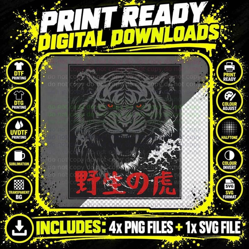 Asian Red-Eyed Tiger Wild Cat Japan Artwork Png SVG Digital Bundle