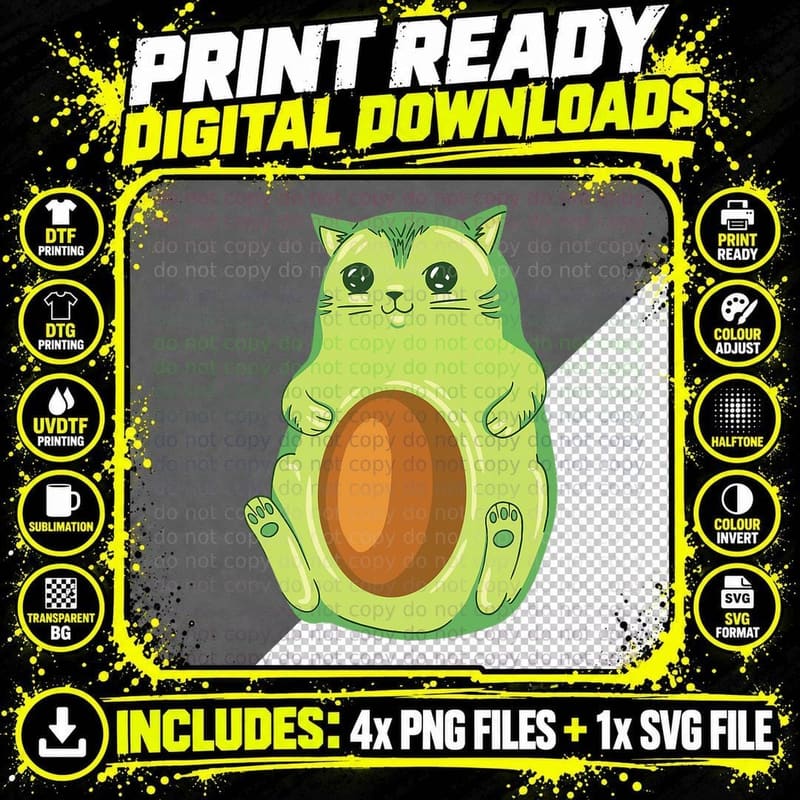 Avocado Cat T-Shirt, Funny Animal Design Png SVG Digital Bundle