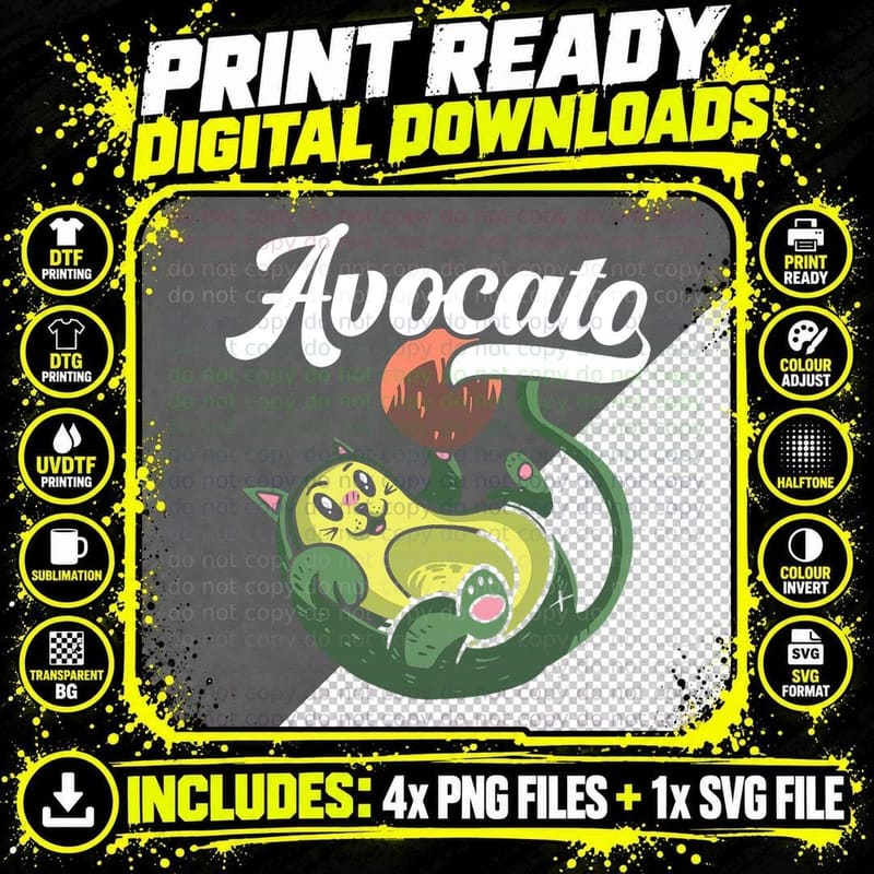 Avocato Avocado Cat Lover Vegan Kitty Vegetarian Png SVG Digital Bundle