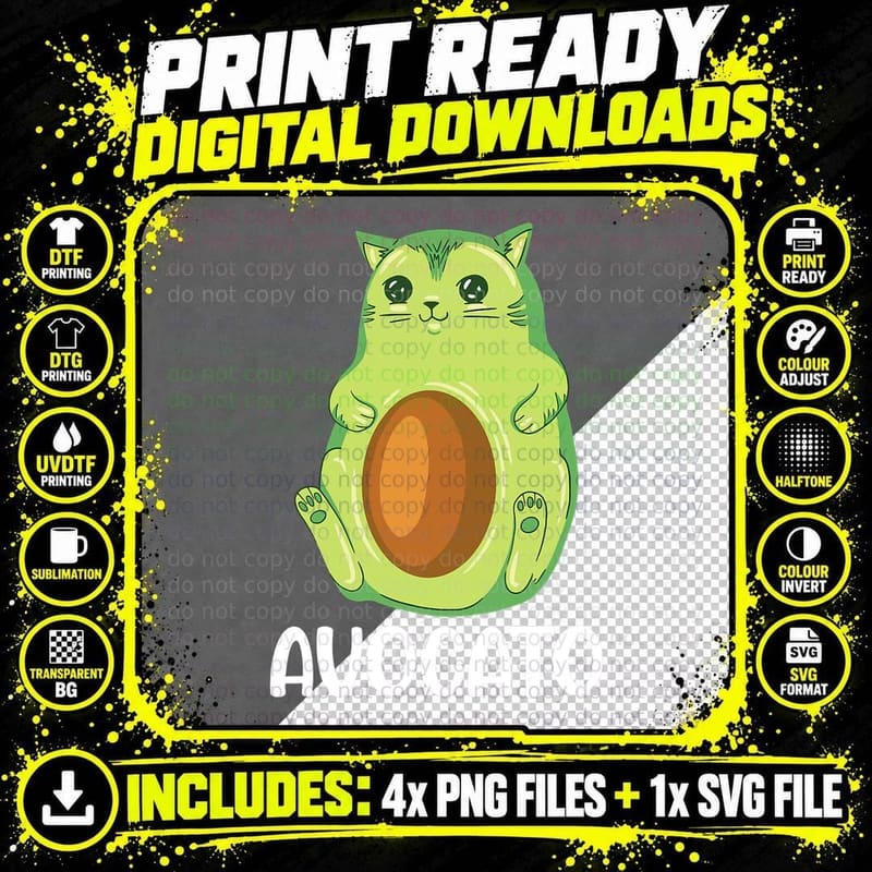 Avogato Vegan Avocado Cat T-Shirt Png SVG Digital Bundle