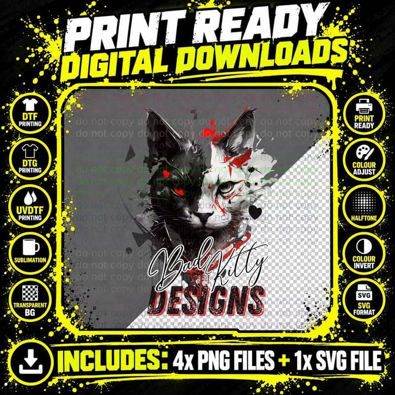 Bad Kitty Cat T-Shirt, Gothic Cat Art, Pet Lover Apparel Png SVG Digital Bundle