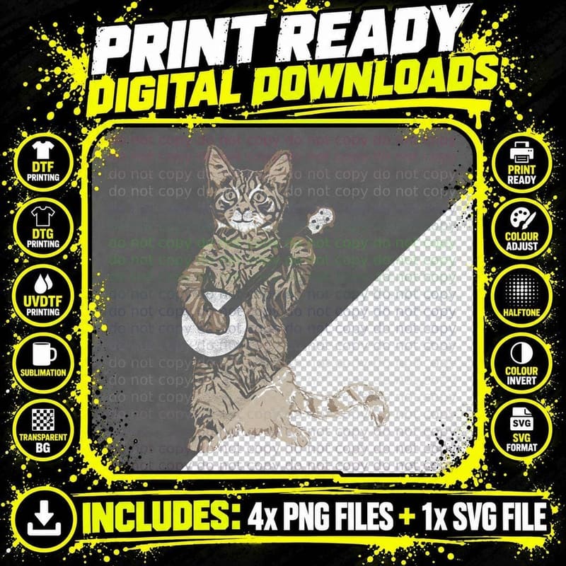 Banjo Cat T-Shirt, Retro Bluegrass Style Png SVG Digital Bundle