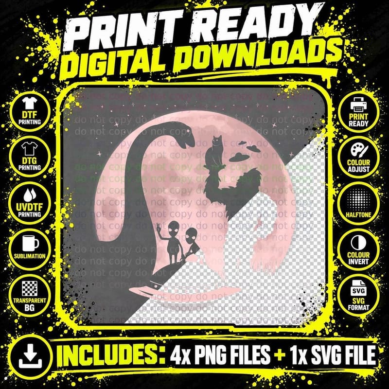 Bigfoot Loch Ness Monster Sasquatch Cat Ufo Funny Aliens Png SVG Digital Bundle