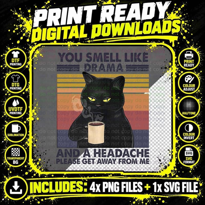 Black Cat Coffee T-Shirt, Funny Sarcasm Png SVG Digital Bundle