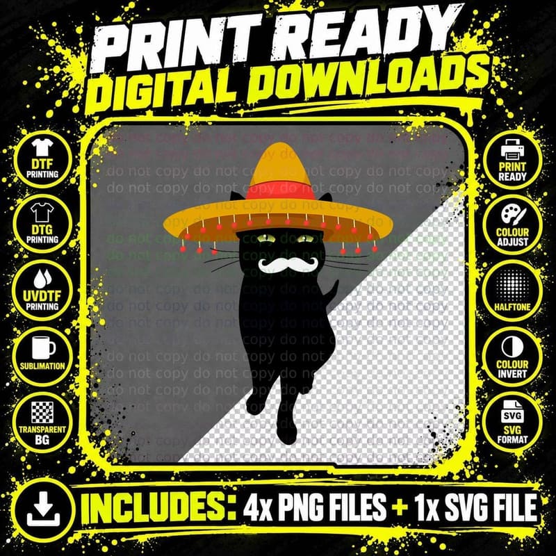 Black Cat El Gato Sombrero T-Shirt, Fiesta Party Style Png SVG Digital Bundle