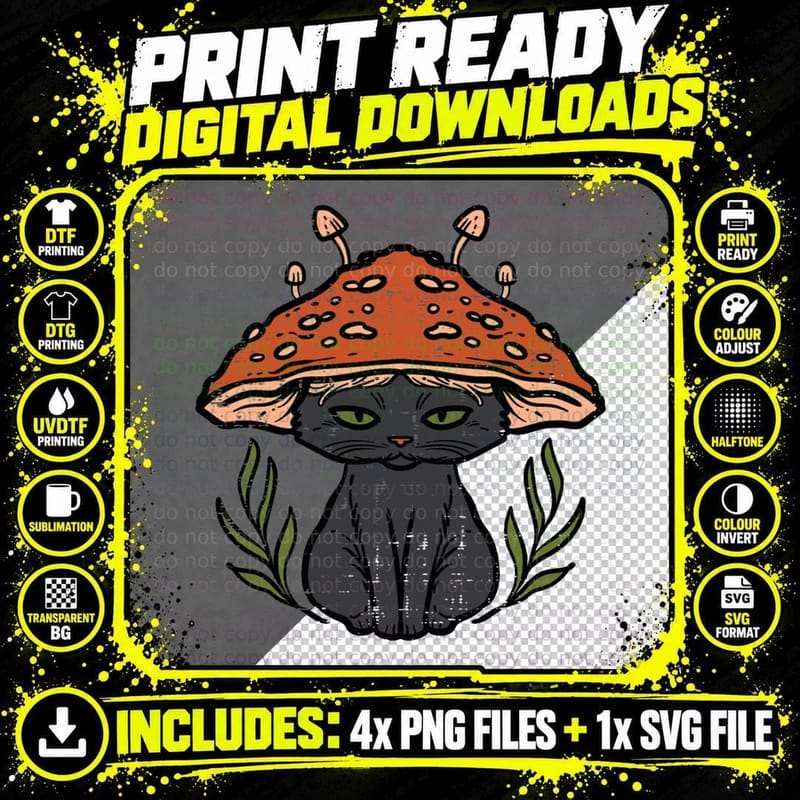 Black Cat Mushroom T-Shirt, Cottagecore Aesthetic Png SVG Digital Bundle